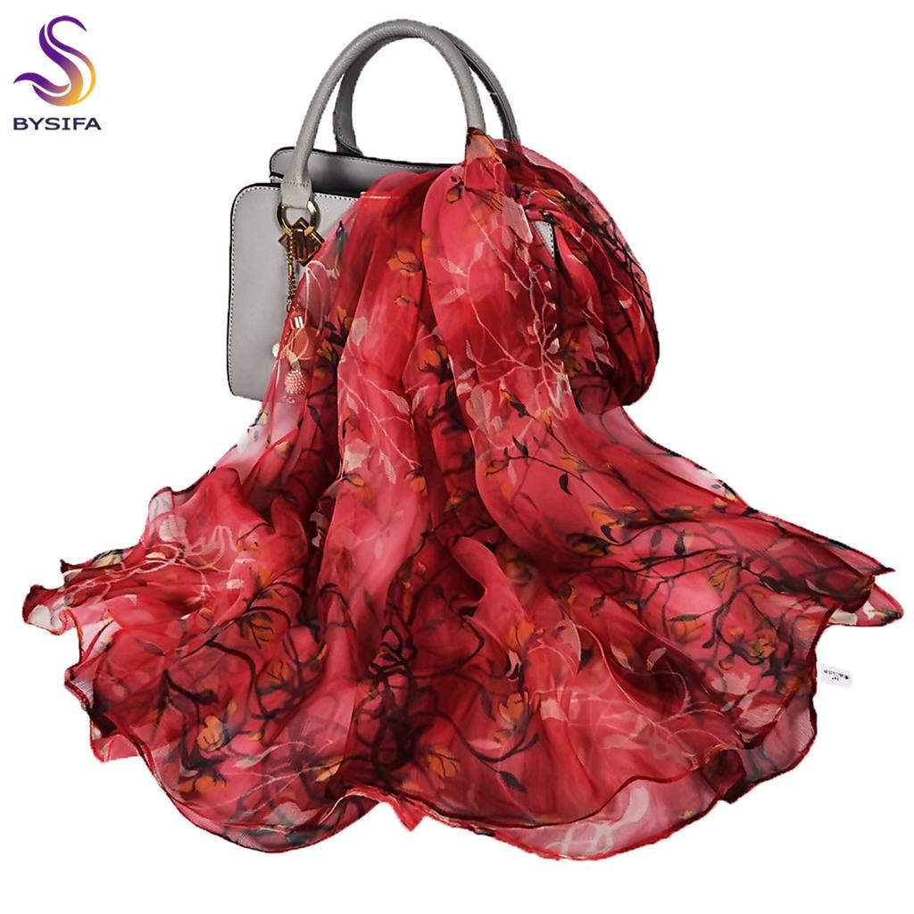 BYSIFA| Beige Pink Women Long 100% Mulberry Silk Scarf Printed Fashion Leave Pattern Brand Spring Ladies Scarves Shawls  170*105
