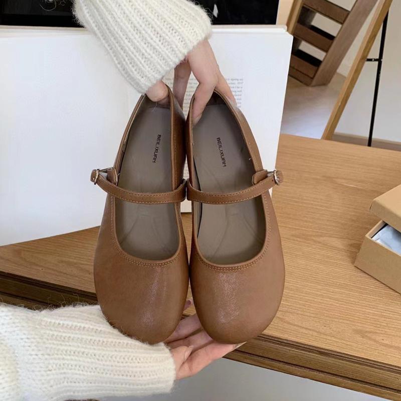 Fashion SUOJIALUN Autumn Women Flat Shoes Fashion Round Toe Shallow Slip On Ladies Casual Mary Jane Shoe Soft Flat Heel Dress Single Sho