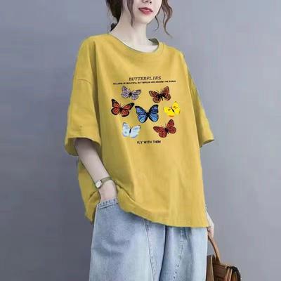 Summer Cotton Round Neck Short-sleeved T-shirt Casual Loose Printed Pullover Bottoming Shirt T-shirt Female