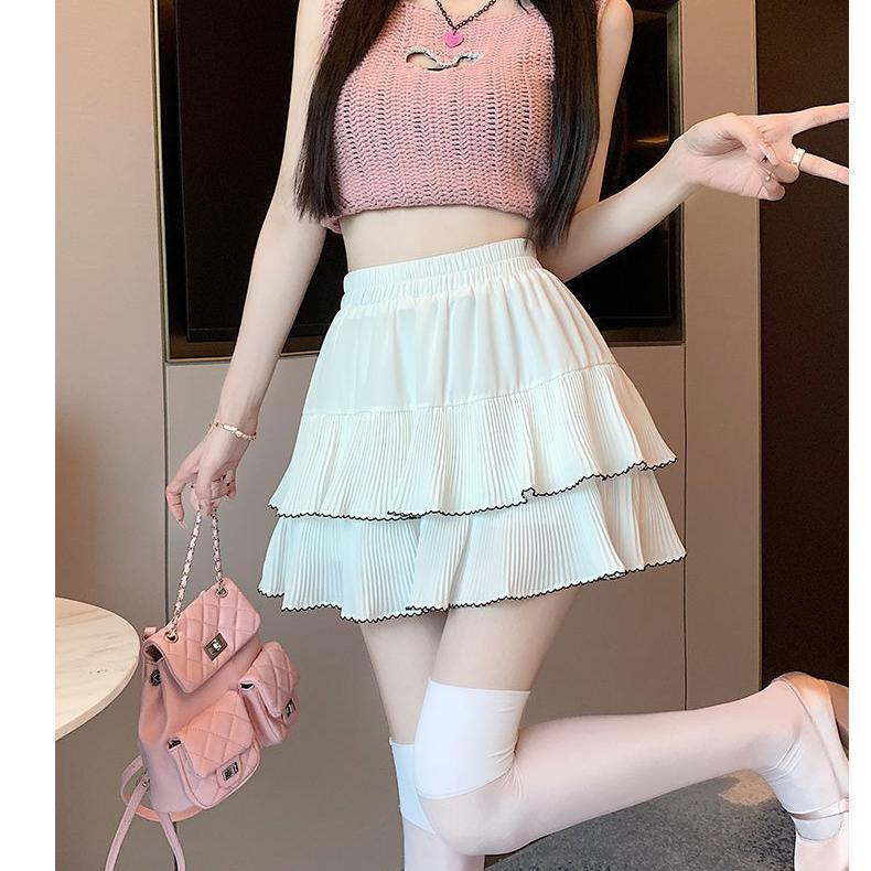 A-line Skirts Women Elastic Waist Cake Puffy Casual Young Daily Sweet Lovely Girls Streetwear Popular Summer Balletcore Harajuku