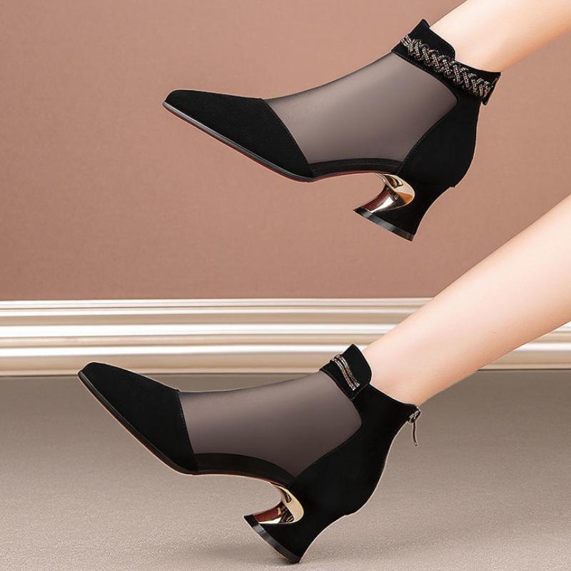Pointed Toe Mesh Hollow Breathable Black With Medium Heels Women's Sandals Original New Anti Slip Hot Daily Ladies Shoes