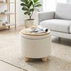 Round Jute Storage Ottoman, Footrest with Lid, Hevea Wood Legs, Beige