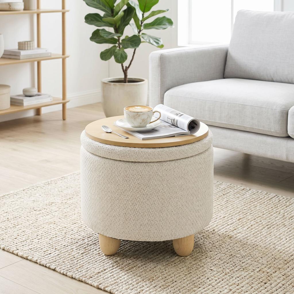 Round Jute Storage Ottoman, Footrest with Lid, Hevea Wood Legs, Beige