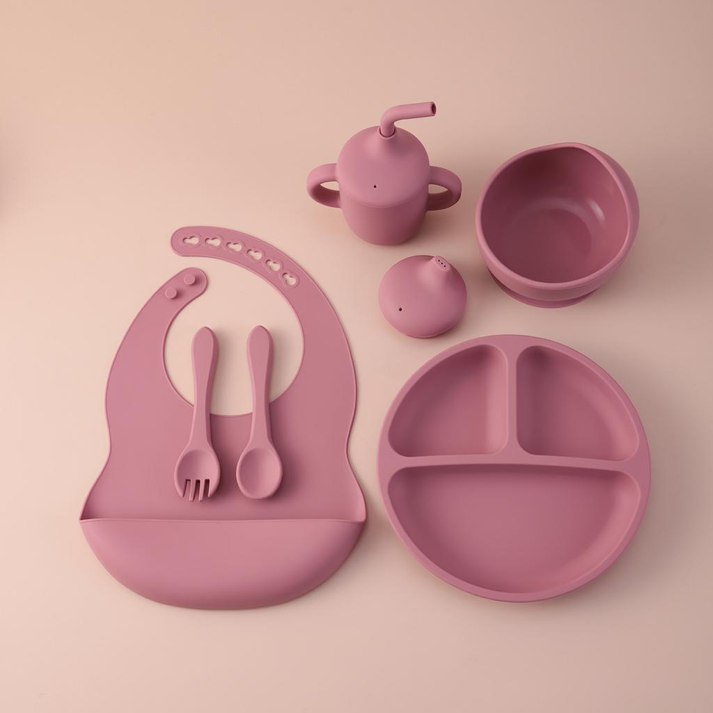 Color Kids 6PCS Silicone Feeding Set Divided Plates Sippy Cup Training Eating Cutlery Strong Suction Bowl BPA Free Tableware set
