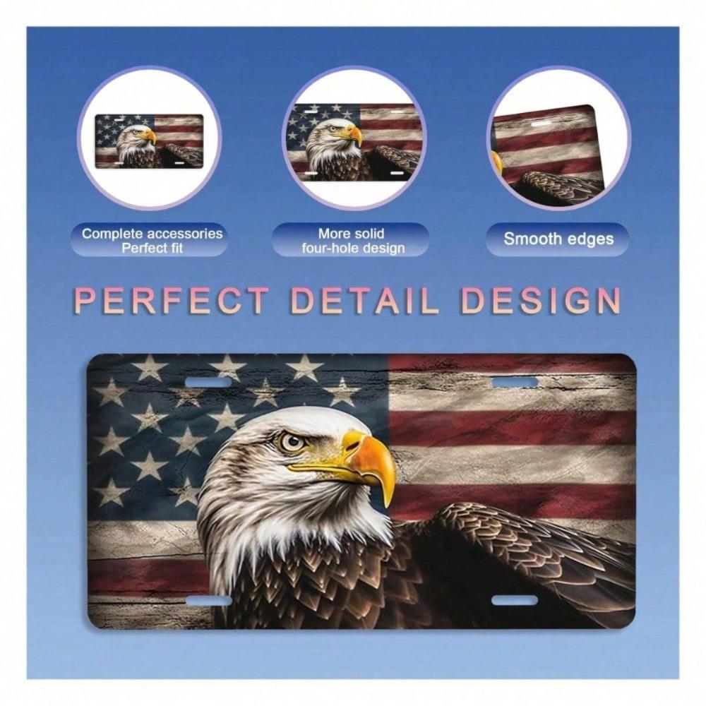 American Flag Eagle License Plate 12x6 Inch, Rust-Proof Stainless Steel Patriotic Car Tag, Decorative Front Vanity Plate With Sc