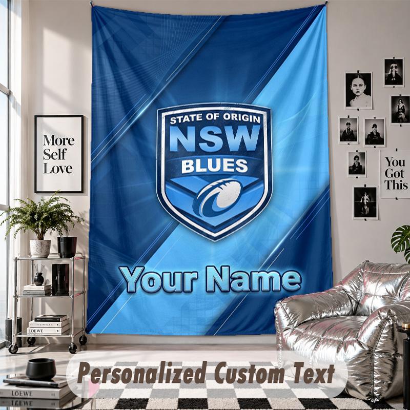 Wall Hanging Tapestry With Custom Name & Text, NSW Blues logo Decorative Tapestry For Bedroom