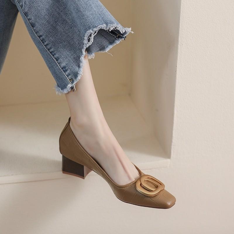 Luxusní dámské lodičky s vysokým podpatkem a čtvercovou špičkou pro jaro a podzim 2024, nové pracovní boty s mělkým výstřihem a silným podpatkem, ležérní dámské boty