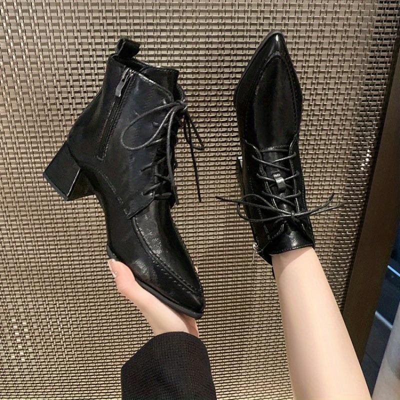 Damskor Vintage Ankelstövletter med Spetsig Tå och Grov Mellanhäl - Fusköverdel Klänningsskor, Dragkedjestängning & Gummisula för Säsongskomfort