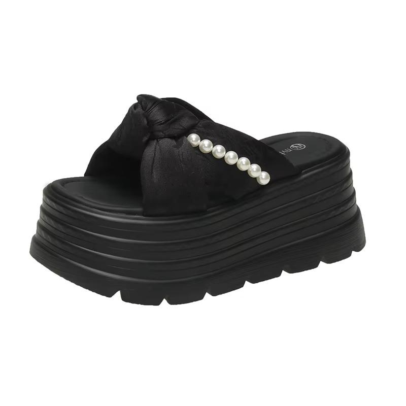 

Каблуки 8 см Массивные шлепанцы для женщин С открытым носком На высокой платформе Холщовые сандалии Женские Новые Летние На толстой подошве Пляжные Шлепанцы с бусинами 34 чёрный