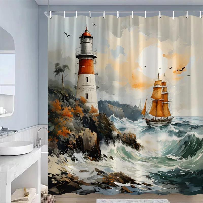 Sea Waves Sailboat Shower Curtains Night Lightning Ocean Nature Landscape Bathroom Curtain Decorative Polyester Cloth with Hooks