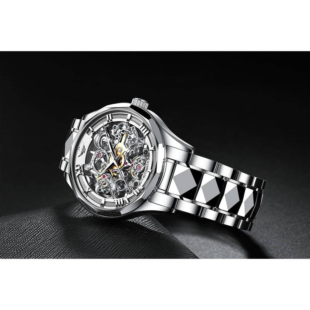 OLEVS Men's Skeleton Automatic Mechanical Dress Watch Silver Tungsten Steel Band Water-Resistant Sapphire Crystal Bracelet