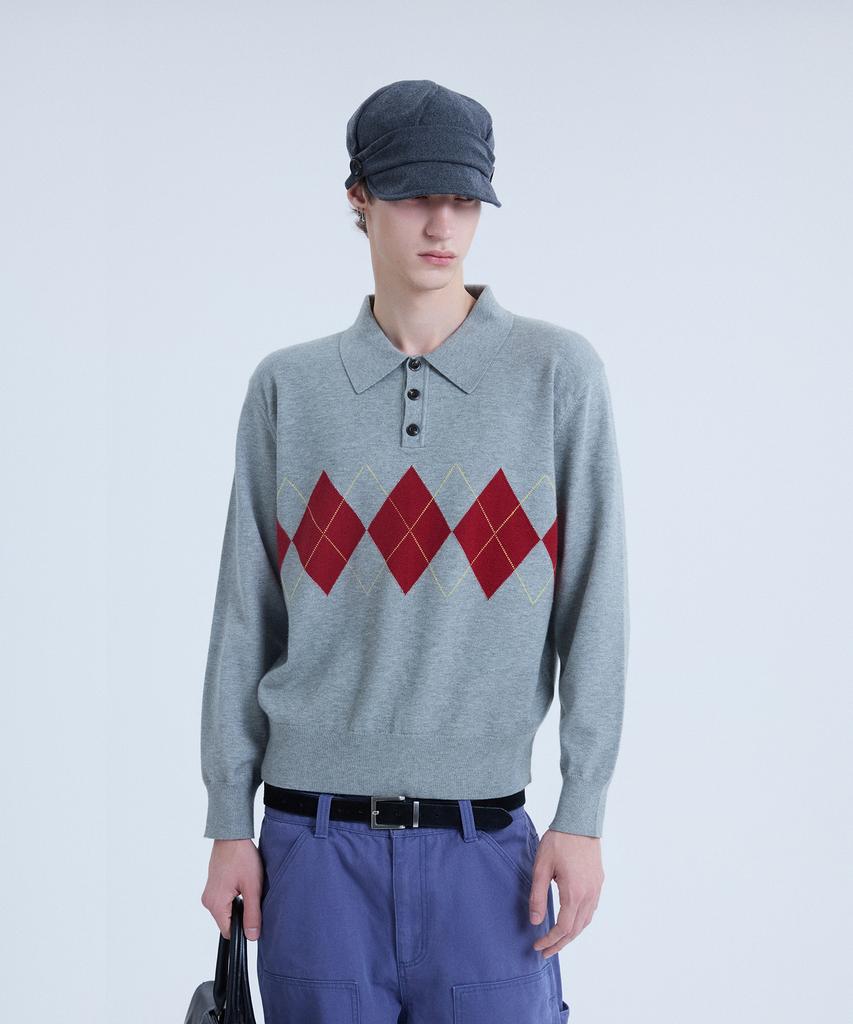 NOISE Argyle Crop Collar Knit_[Melange Gray]