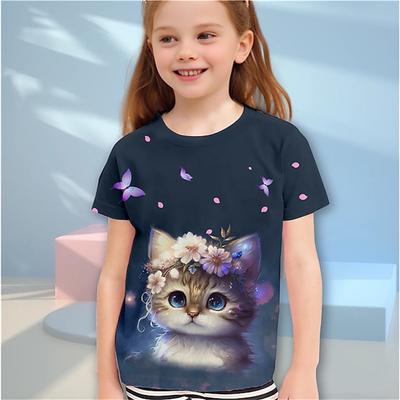 Roupas para Meninas 3D Estampa de Gato Camiseta Manga Curta Roupa Infantil Moda Fantasias para Meninas Camiseta Infantil
