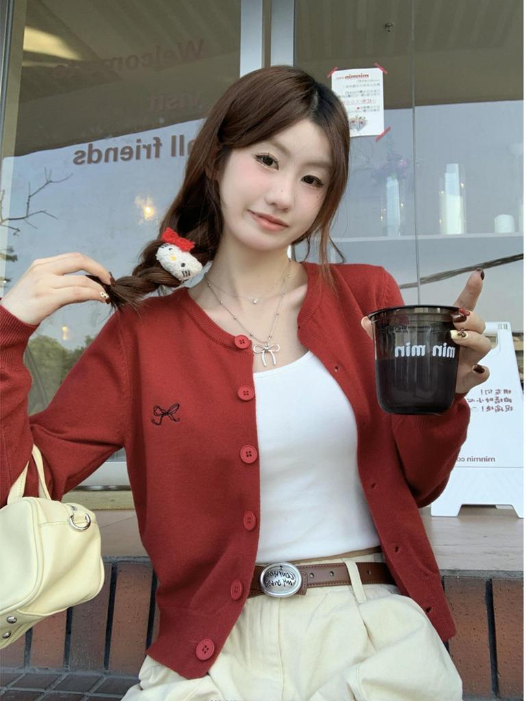 Women's Petite Gray Knit Cardigan - Embroidered Academy Style, New Spring/Summer 2025 Collection