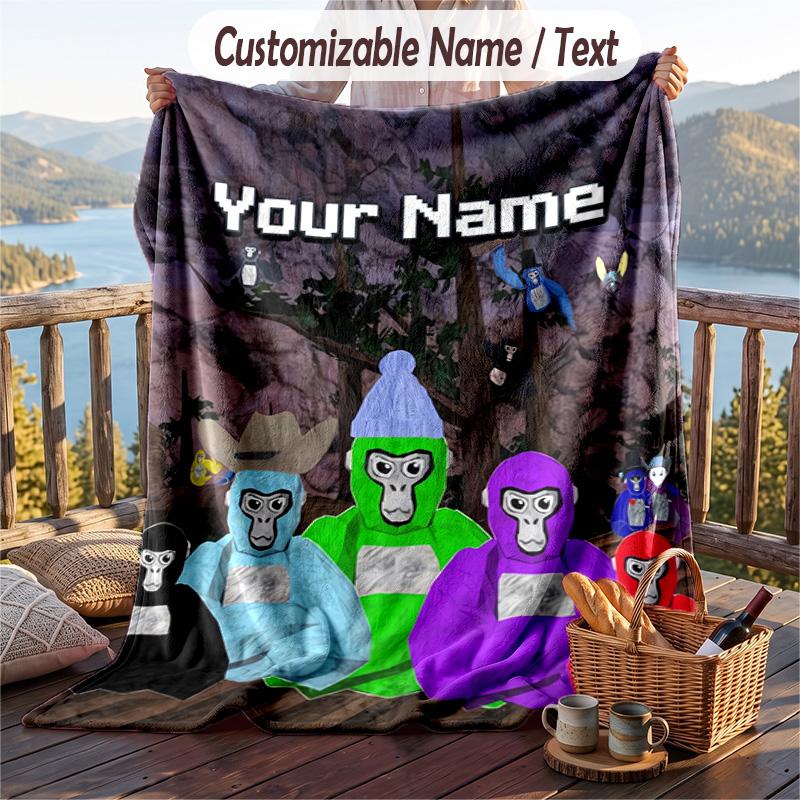 Gorilla Tag cartoon Flannel Blanket, Personalized Custom Name Text, Soft Warm Plush Throw Blanket For Gift