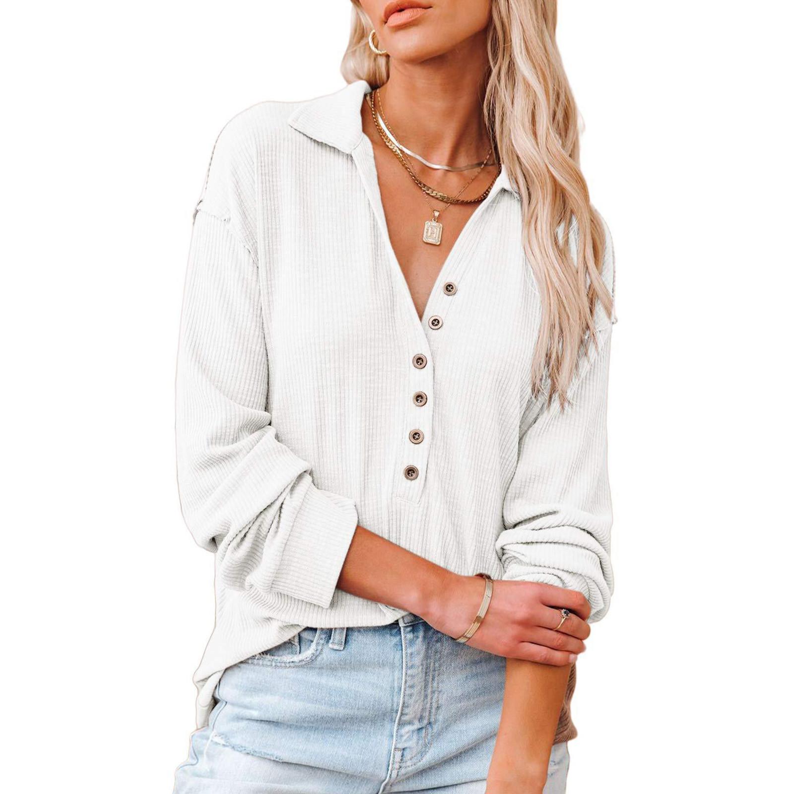 

Женский пуловер с v-образным вырезом и длинными рукавами, толстовка с лацканами и пуговицами, свитер, блузка XL белый