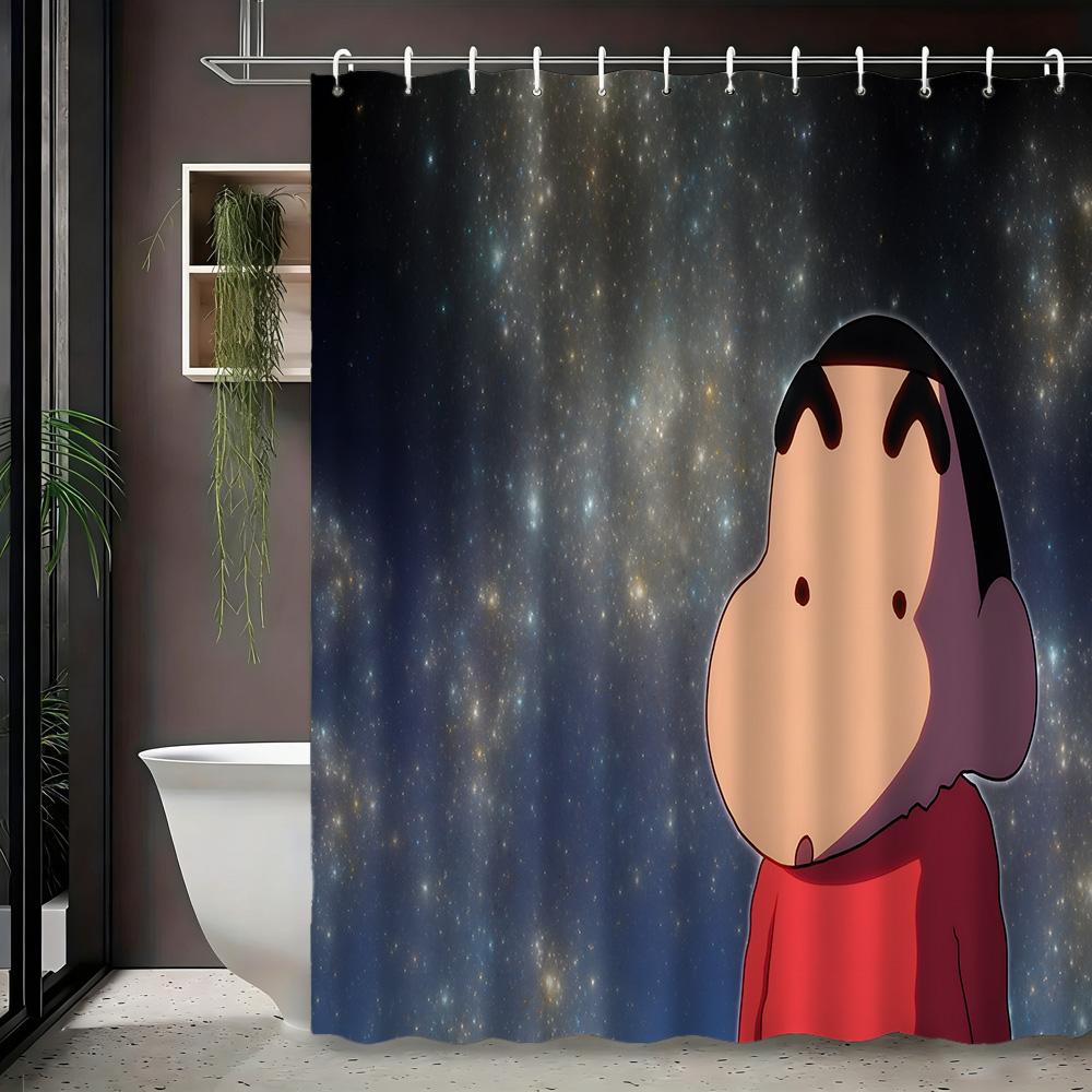 Crayon Shin-Chan & Friends Adventure On Rocks 2D Print Waterproof Shower Curtain, Blue Night Anime Bathroom Decor With Hooks