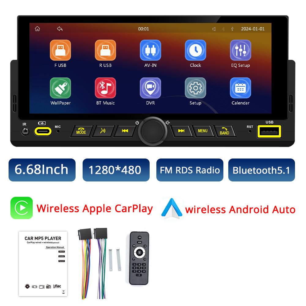 New 1 Din Car Radio 6.86 Inch Wireless Carplay Android Auto Mirror Link Car MP5 Player FM RDS Bluetooth WIFI Touch Screen Auto Stereo Car Navigation
