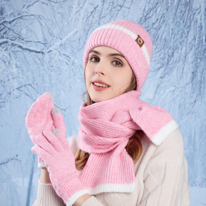 Kvinnor Höst Vinter Varm Tjocka Öronskydd Mössa Kall Utomhuscykling Stickad Mössa Set Söt Söt Mössa Scarf Handskar Tredelad Set