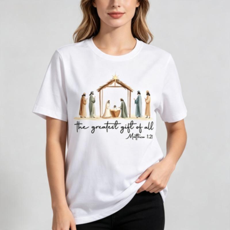 Christmas Unisex Cotton T Shirt Watercolor Nativity Scene The Greatest Gift Of All Matthew Verse Graphic Casual Loose Tops