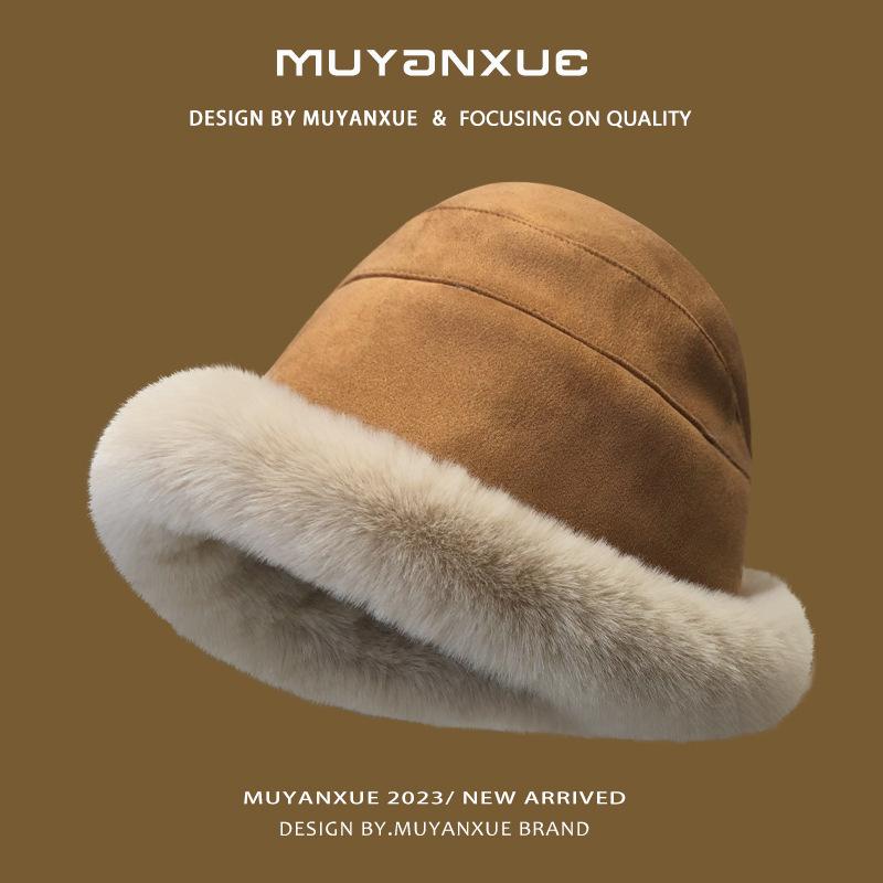 Hat women s winter new plush bucket hat warm cotton hat windproof ear protection women s autumn and winter plush basin hat M（54-60cm）