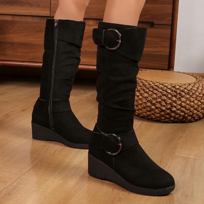 Fashion High Heels Women Suede Long Boots 2025 Winter Fad Elegant Shoes Wedges New Trends Cozy Shoes Classical Buckle Knee Boots Mujer
