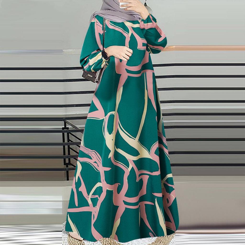Cross-Border 2025 Long Sleeve Printed Middle Eastern Muslim Malay Dress - Long Robe, Round Neck