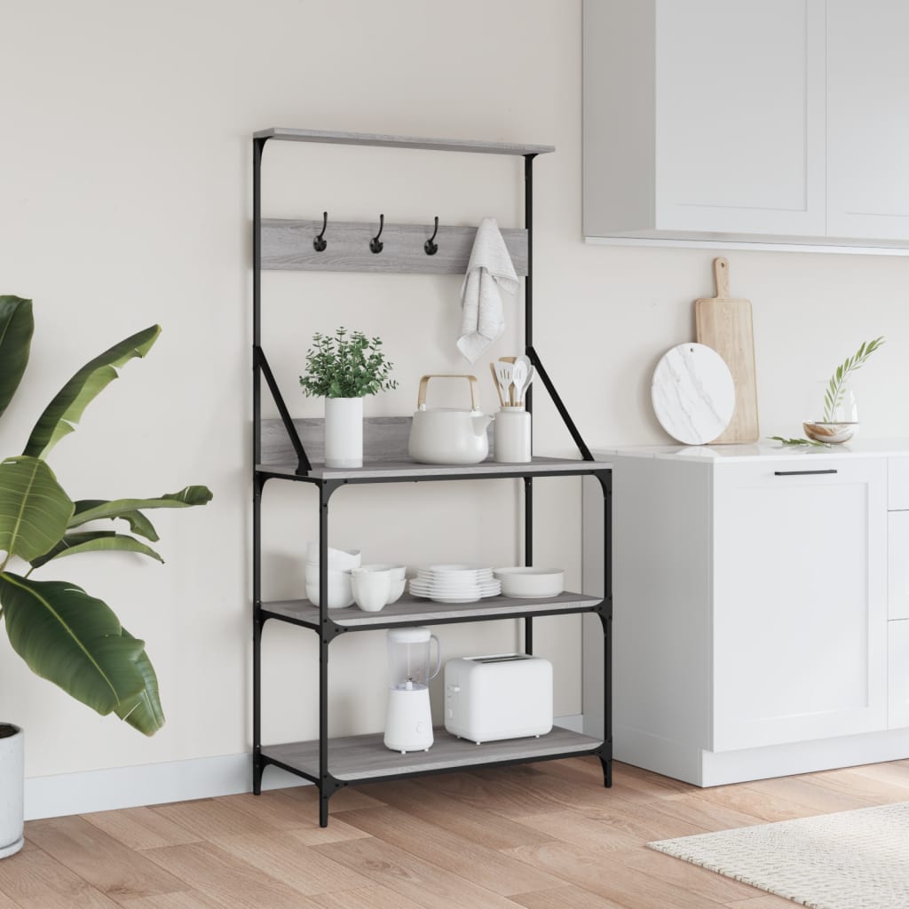 Vidaxl Kitchen Shelf with Hooks, 4-Tier, Grey Sonoma Oak