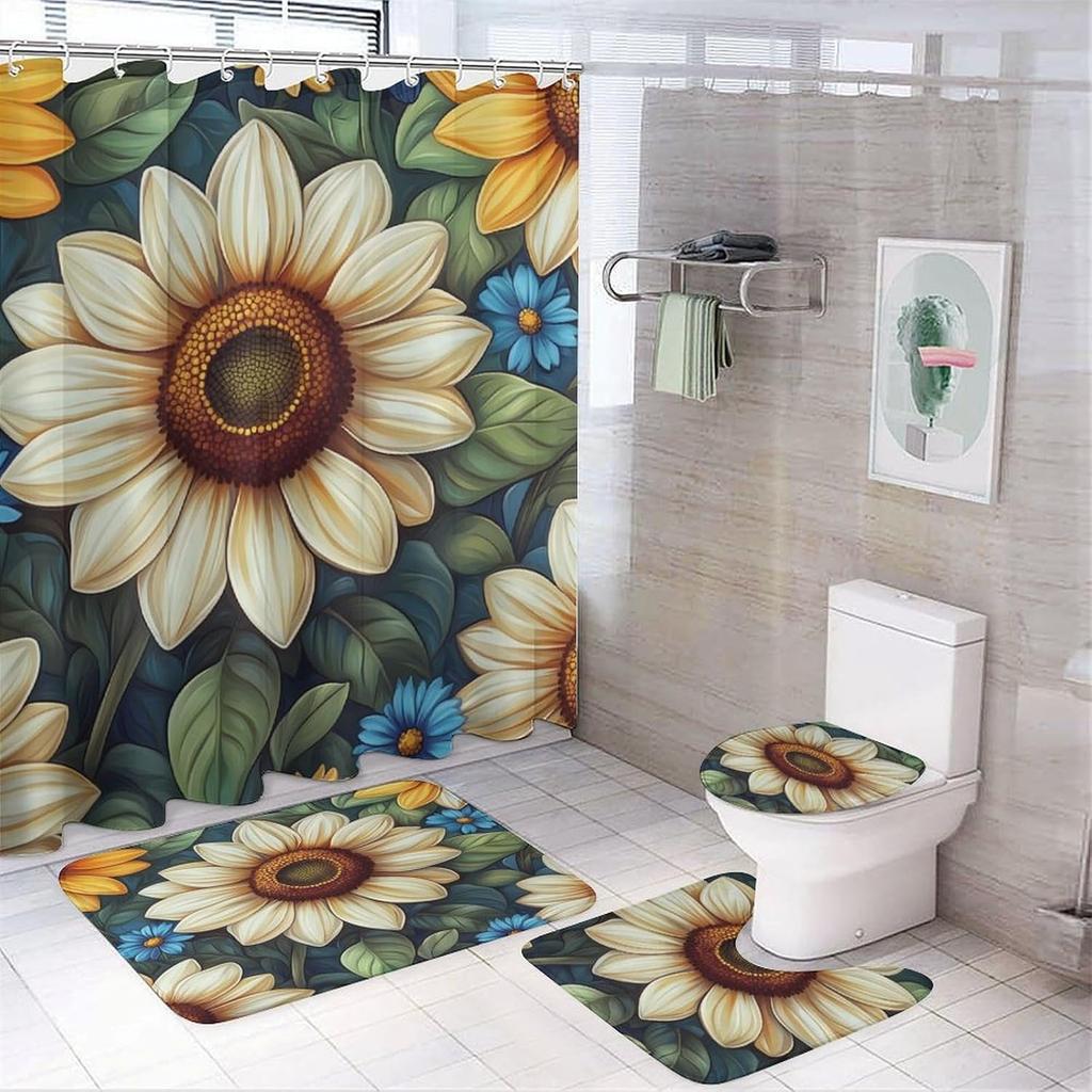 Bathroom Curtain And Rug Set, Sunflower Pattern Printed On Shower Curtain And Bath Mat Set, Designed For Farmhouse Contemporary