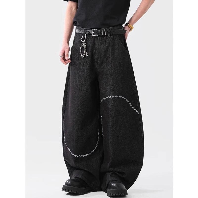 American retro embroidery design scimitar jeans men's solid color loose wide-leg casual floor pants