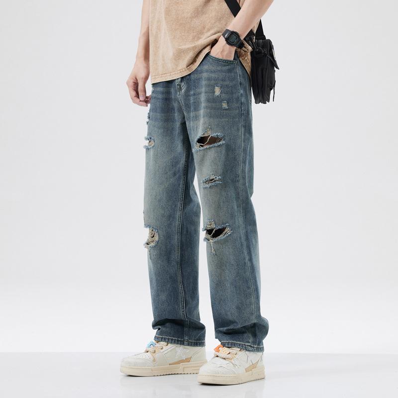 American heavy retro jeans men's trend loose beggar washed men's ripped straight casual wide-leg trousers