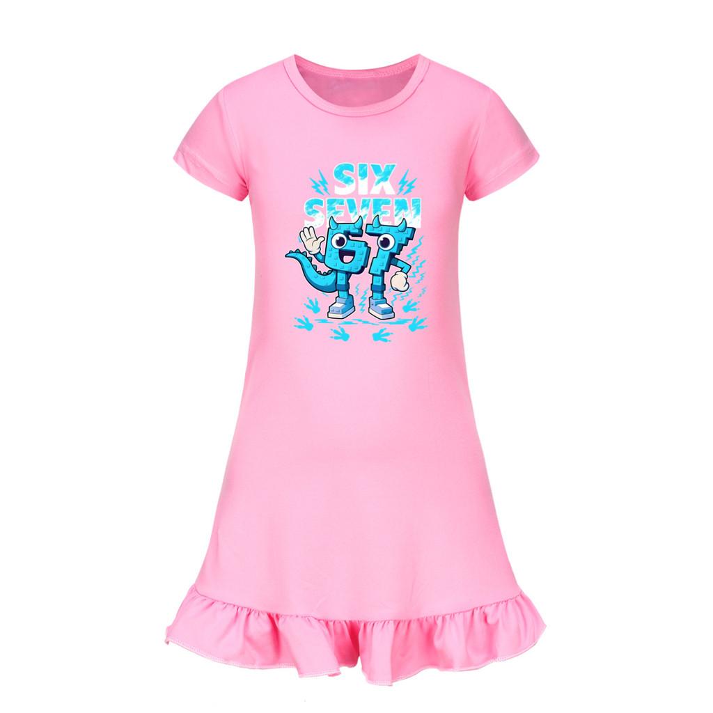 5192 Kids Girls Steal a Brainrot 67 Six Seven Printed Ruffle Short Sleeves Casual Dress