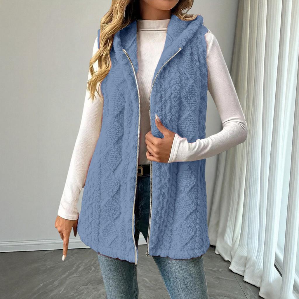 Women's Fashionable Solid Color Sleeveless Hooded Zipper Casual Plush Vest Jacket