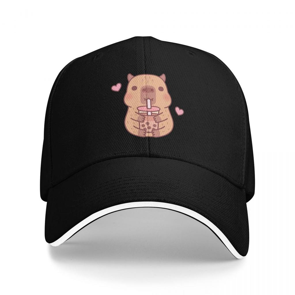 Cute Capybara Loves Bubble Tea Thermal Baseball Caps Snapback Baseball Hats Breathable Casual Casquette Outdoor Unisex