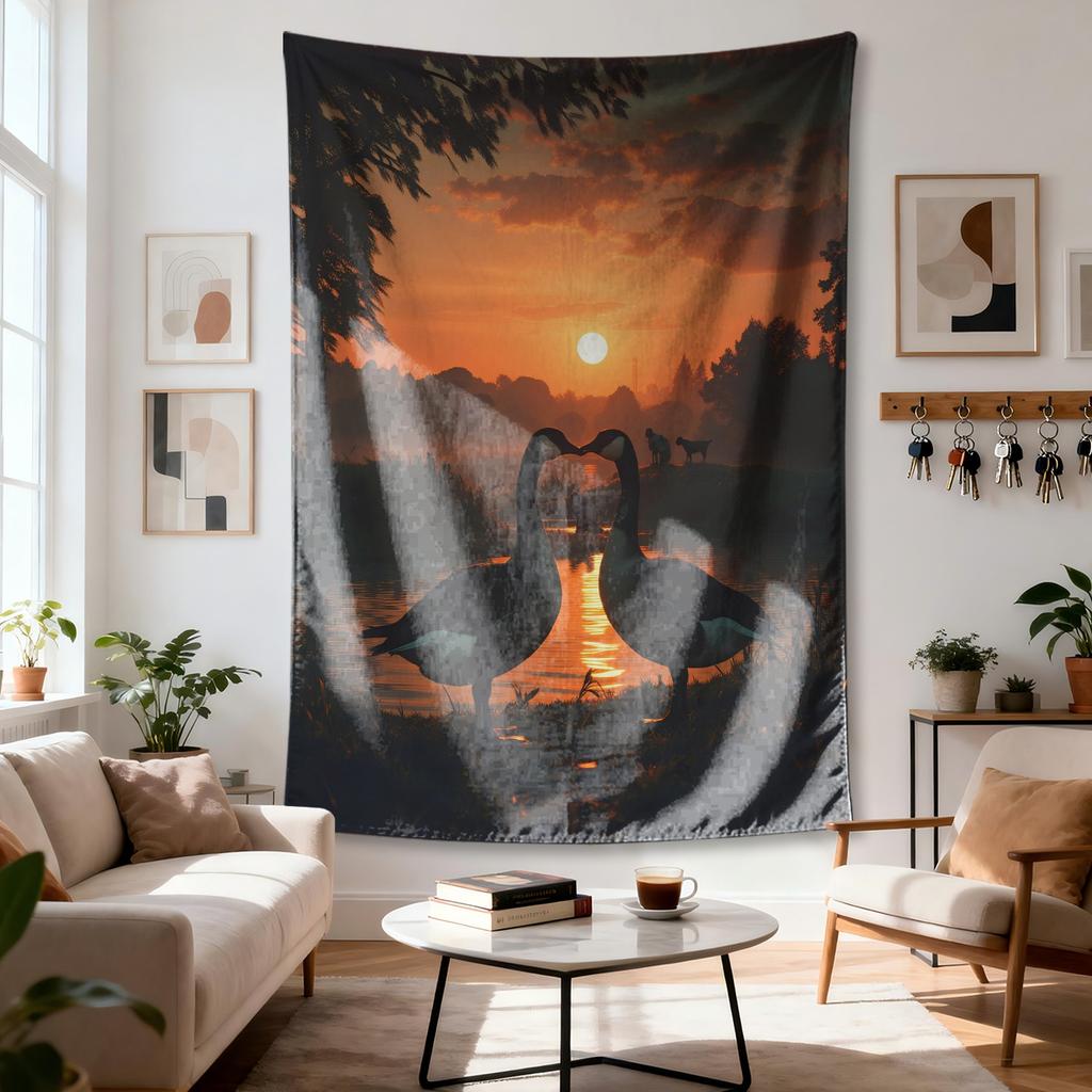 Two geese form heart Digital printing polyester wall tapestry suitable for use in living rooms bedrooms offices bars party