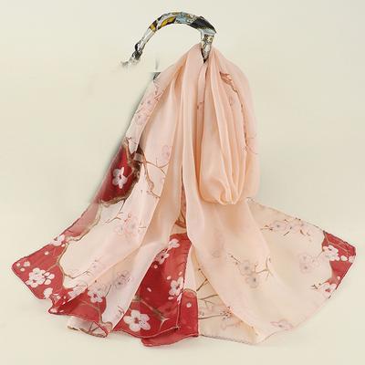 Foulard en mousseline pour femme Motif fleur de prunier Foulard en soie simulée Long foulard en gaze Crème solaire Sac à bandoulière Foulard