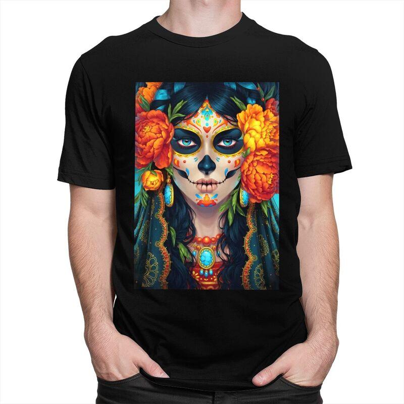 Individuelles Mexikanisches Catrina Zuckerschädel Dame T-Shirt für Herren Reines Baumwoll-T-Shirt Mode-Tee Kurzarm-T-Shirts Schlanke Passform