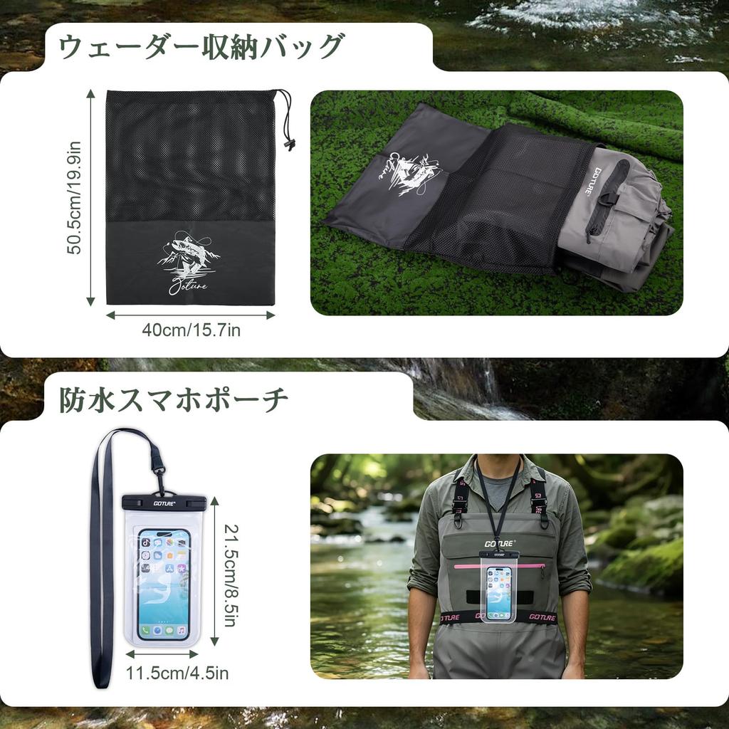 GOTURE Breathable Waterproof Waders, Waist-High, 5-Layer Nylon Fabric, Durable Foot, Includes Net Holder Belt, for Wading and Stream Fishing, Unisex,