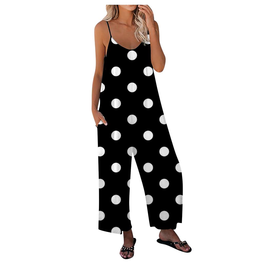 Mono suelto sin mangas para mujer con correa de espagueti ajustable y pantalones largos elásticos con bolsillos