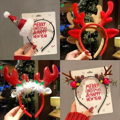 Cartoon 3D Spring Christmas Headband Christmas Hat Fluffy Santa Claus Hairband Hair Clip Deer Ear Children Headwear