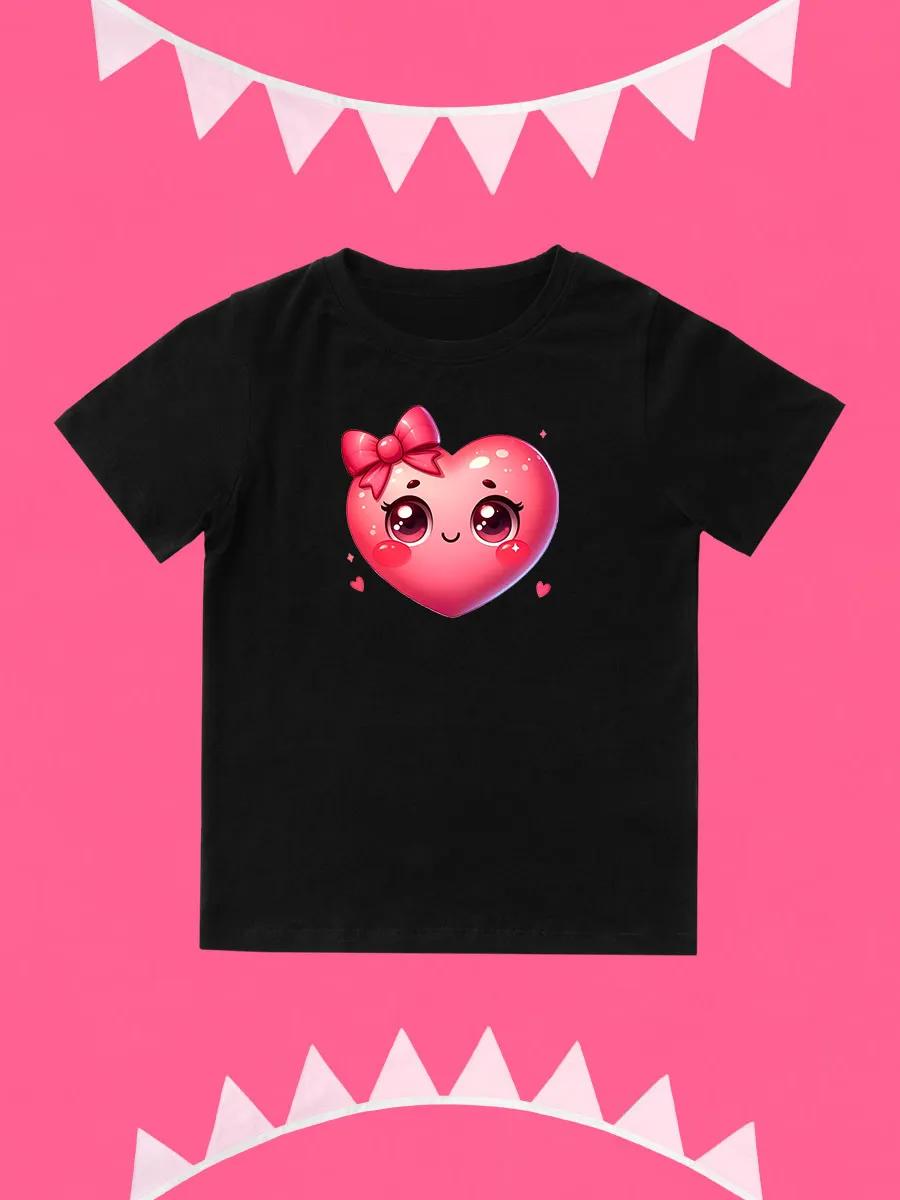 Round Neck Printed Pattern Pullover Short Sleeve Kids Tops Heart with Eyes 170