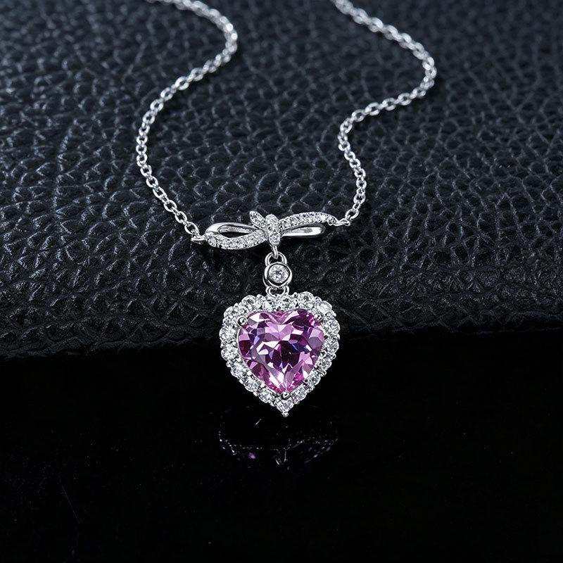 European S925 Sterling Silver Heart-Shaped Pink Sapphire Necklace with Diamond Bezel - Luxury Valentine's Day Gift for Her