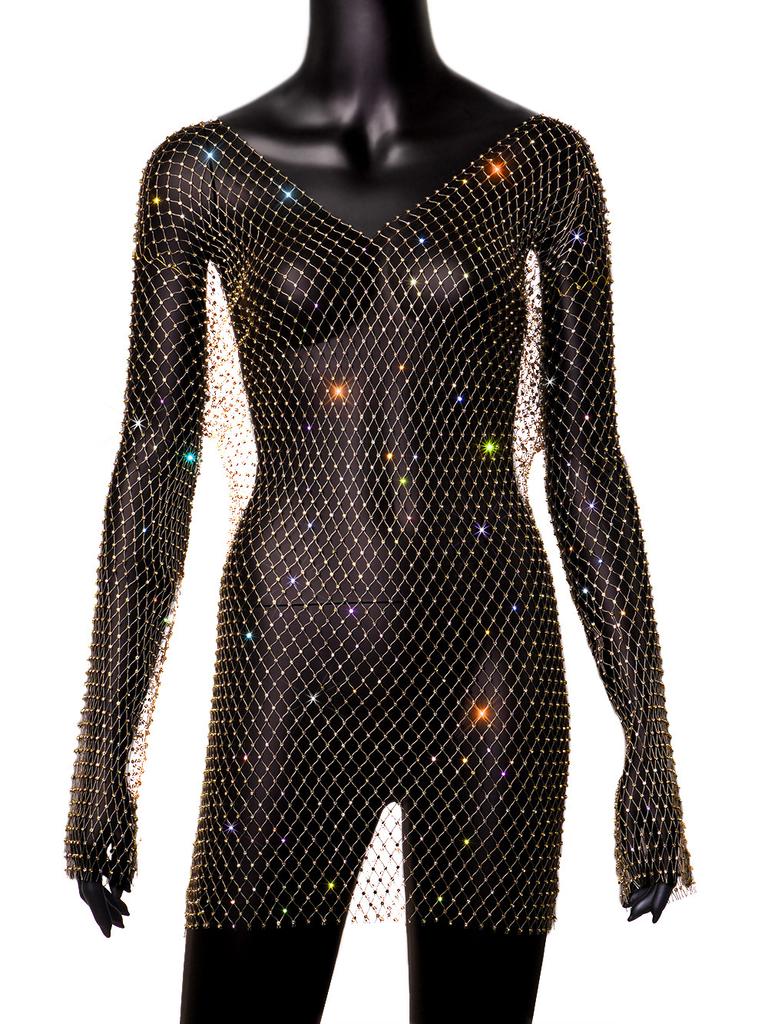 Women's Flared Sleeve Mesh Flash Diamond Crew Neck Dress Sexy Hollow Women's Dress