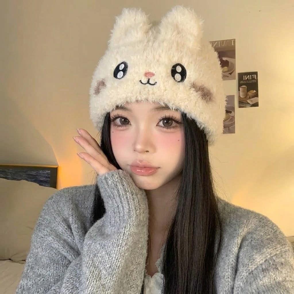 New cute rabbit ears plush hat women's winter warm and cold ear protection hat cartoon knitted hat versatile cold hat