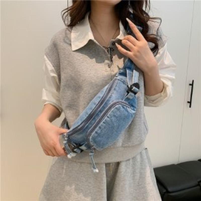 Denim Zipper Waist Packs 2025 Hot Selling Nylon Solid Color Neutral Style Casual Chest Bag Soft Versatile Simple Crossbody Bag