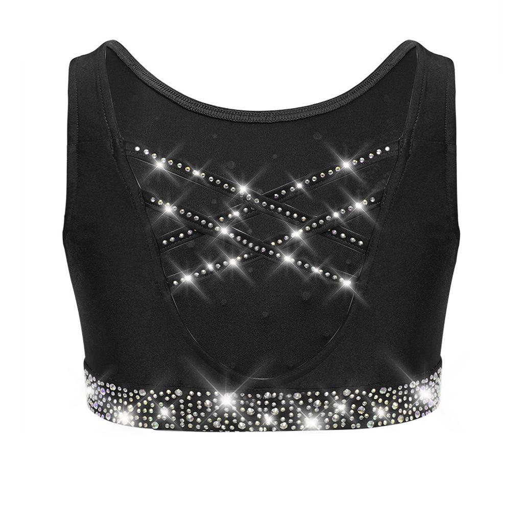 Dívčí gymnasticko-taneční set: Crop top tílko s kamínky, křížením na zádech a véčkem vpředu, s šortkami s elastickým pasem