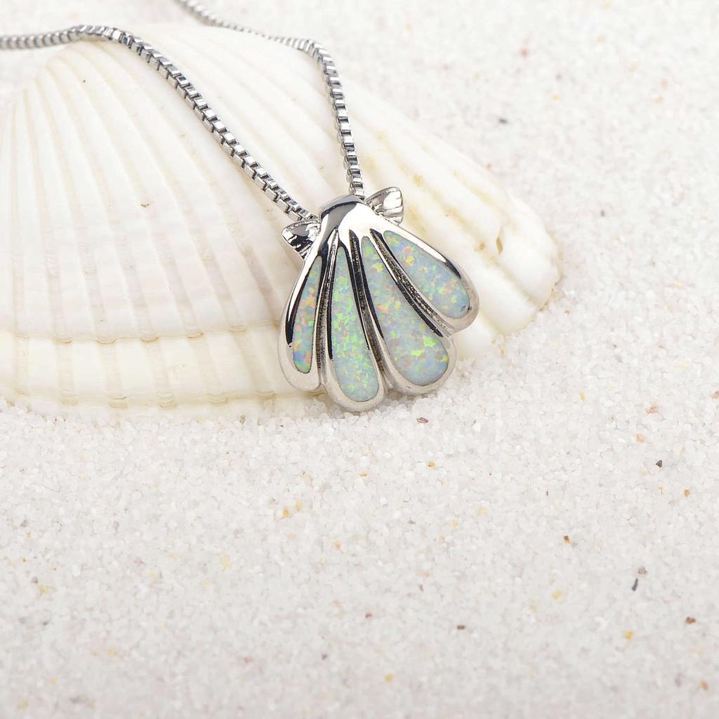New Christian European American Fashion Accessories White Opal Copper Necklace Scallop Pendant Sweater Chain Silver Plated