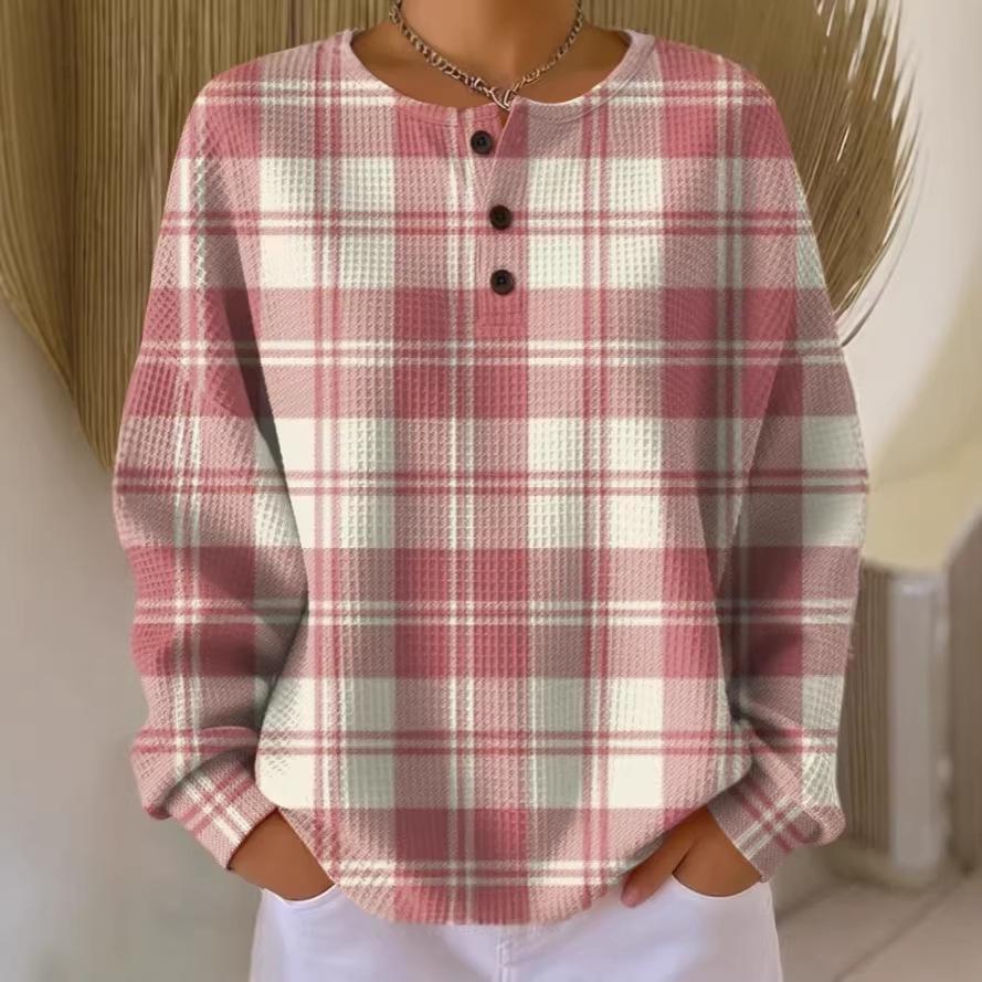 Women's Crew Neck Long Sleeve Waffle Knit Henley Top Loose Fit Casual Sweatshirt