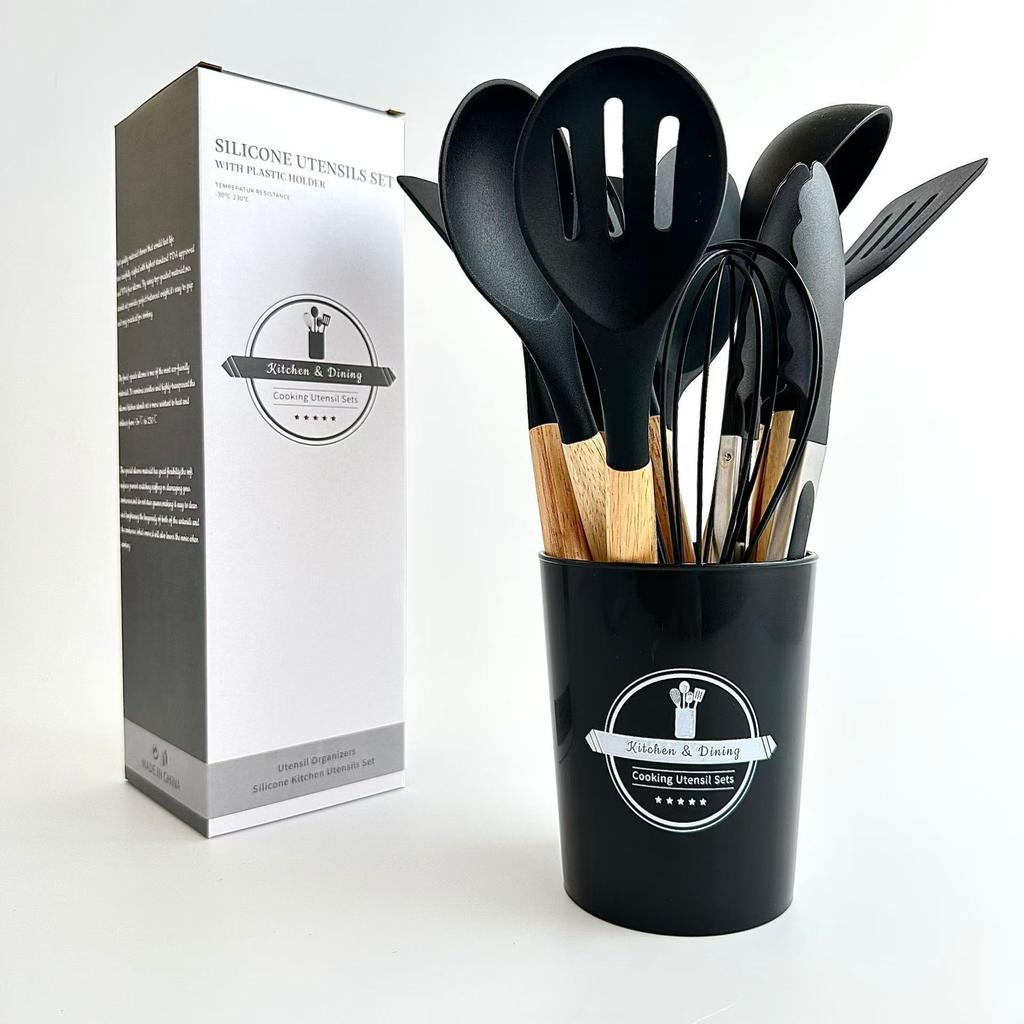12-Piece Eco-Friendly Kitchen Utensil Set Wooden Handles Silicone Cooking Shovel Spoon Food Safe Microwave Kitchen Gadget Tools