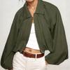 Women's Balloon Sleeve Zip Front Cropped Bomber Jacket with Turn Down Collar and Pleated Hem for Casual and Streetwear